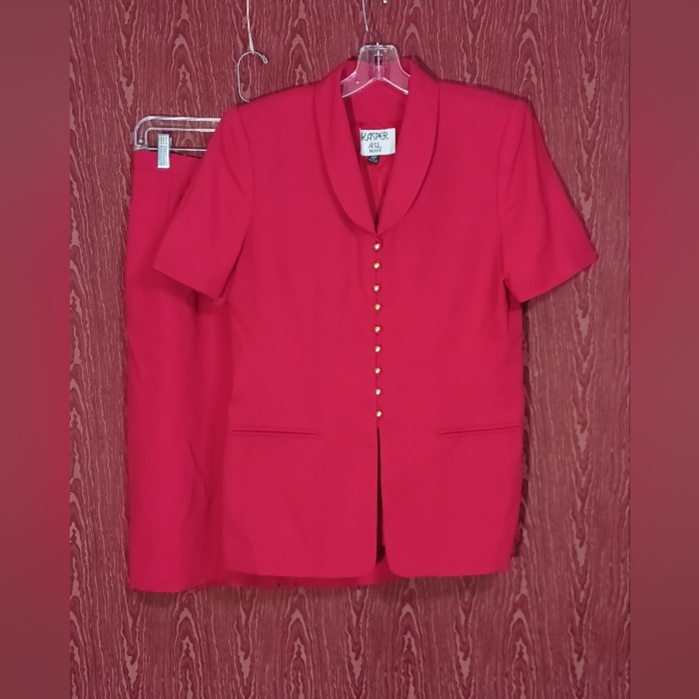 KASPER ASL 2 Piece 8P Red Skirt Collered Short Sleeve Button Pocket Women's